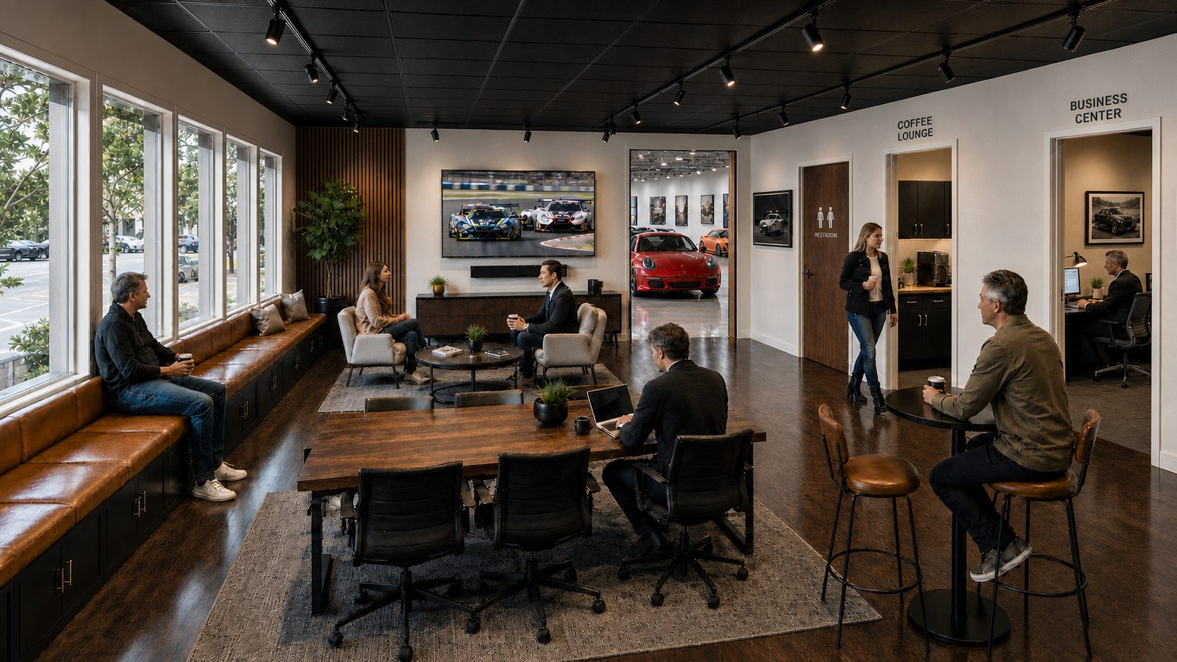Rendering of the Enclave Auto members' lounge, with seating, a shared work table, the coffee lounge, and the business center just beyond