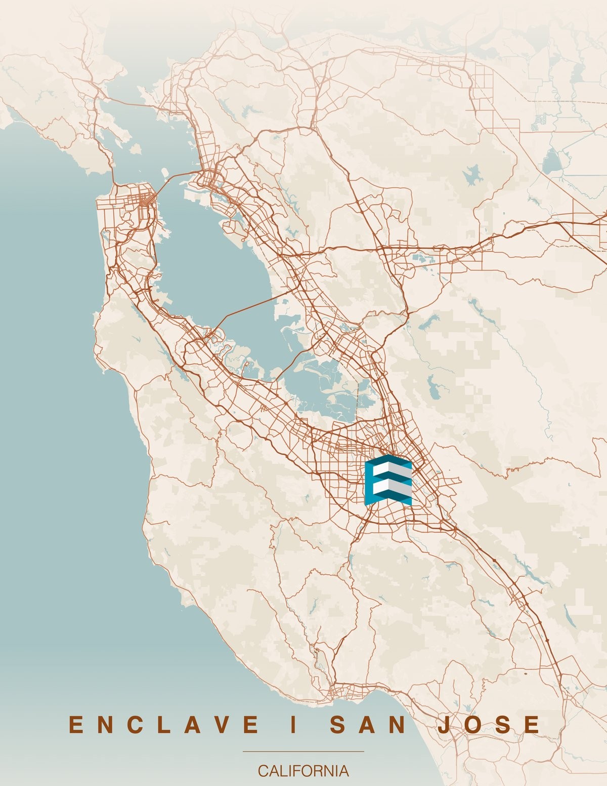 Stylized map of the greater San Jose and Bay Area, marking Enclave Auto's central, highway-accessible location